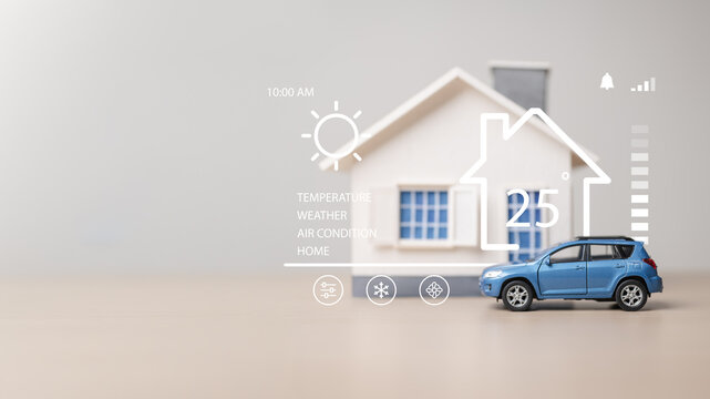 Mini house and car with a glowing 25°C interface show a smart home powered by IoT—remote thermostat control, weather insights, and energy-saving automation that delivers comfortable, efficient living.