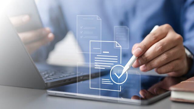 Person using digital tablet with document icons, representing tax receipts, accounting records, finance organization, digital filing, and bookkeeping for efficient financial management and compliance. - Powered by Adobe