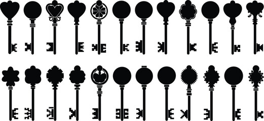 Vintage key silhouettes collection with ornate antique designs, heart shapes, floral motifs, decorative locks, black vector icons for graphic use