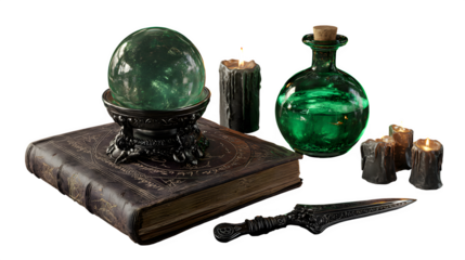 Mysterious ancient grimoire with glowing crystal ball, potion bottle, candles, and ornate dagger, evoking occult magic and dark fantasy. Perfect for Halloween Designs