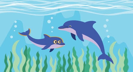 Obraz premium Two playful dolphins swim in the ocean near seaweed.