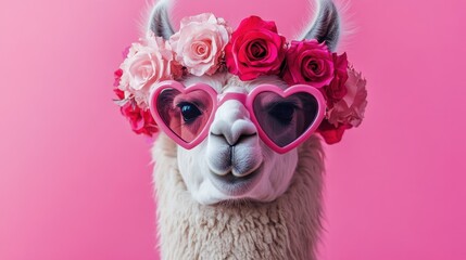 Obraz premium Adorable llama with heart-shaped sunglasses and vibrant floral crown against a bright pink background, perfect for cheerful and whimsical themes.