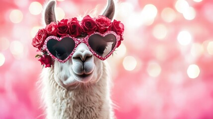Fototapeta premium Adorable llama wearing heart-shaped sunglasses and a floral crown against a dreamy pink bokeh background, perfect for playful and romantic themes in photography
