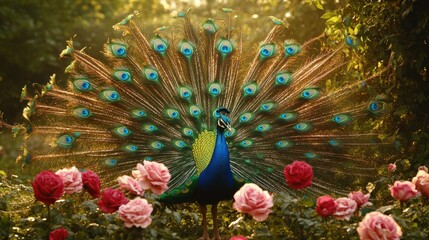 Majestic peacock displaying vibrant feathers surrounded by blooming roses in a serene garden setting, capturing nature's beauty and elegance