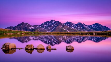 Scenic Mountain Reflection in Calm Lake Water at Dusk with Purple Sky and Scattered Snow
