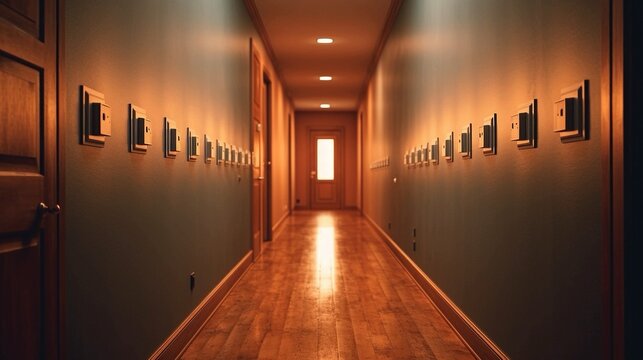 A dim hallway with one light switch waiting to be flipped, symbolizing the potential to move forward into success or regress into uncertainty based on immediate choices.