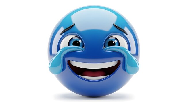 Blue smiley face with tears of joy isolated on white background