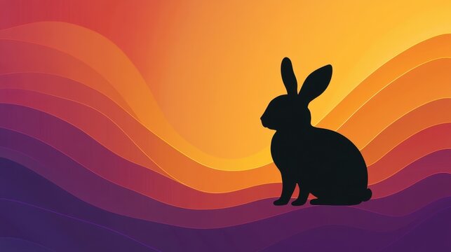 Silhouette of a Rabbit Against Vibrant Gradient Background of Orange and Purple Waves at Sunset or Sunrise