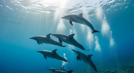 Pod of dolphins swimming underwater in clear blue ocean water with sun rays