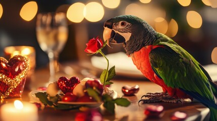 Colorful parrot with rose and small hearts on festive table for romantic celebration with soft bokeh background and candlelight glow