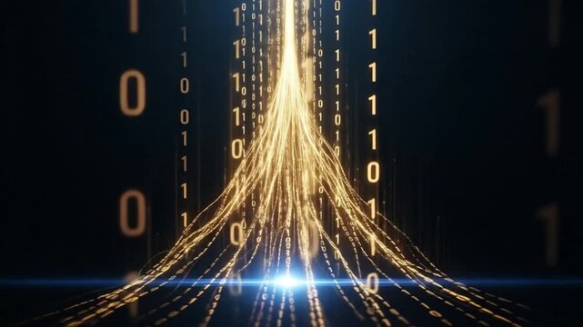 Golden light particles streaming upwards with binary code representing digital data transfer