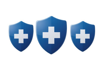 Obraz premium Three blue shields with white crosses representing healthcare and protection isolated on transparent background