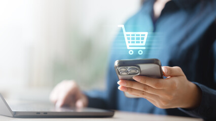 bnpl, installment, checkout, Close-up of person using smartphone with shopping cart icon, symbolizing BNPL services, installment checkout, and modern digital finance for online shopping convenience.