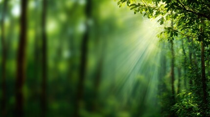 Fototapeta premium Blurred lush green forest with sunlight rays shining through trees, soft natural haze, cool refreshing atmosphere, dreamy bokeh blur, minimal clean composition with wide blank copy space for text.