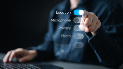 Person adjusting digital privacy settings with location access toggle, concept of GDPR compliance, user permission, data control, online security, and personal information protection.