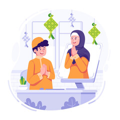 Virtual Eid Al Fitr Illustration with Boy in Orange Shirt and Woman in Hijab on Computer Screen with Ketupat Decoration on Transparent Background