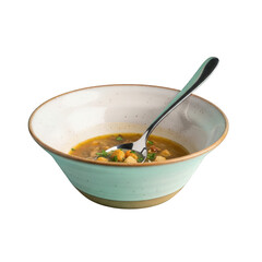 Bowl of soup with croutons and a spoon