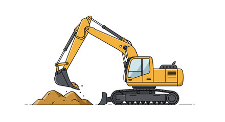 Yellow excavator machine digging pile of dirt on for construction industry and heavy equipment concepts isolated on white background