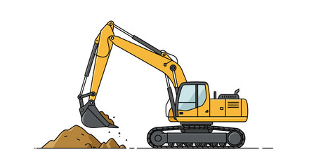 Heavy duty yellow excavator digging in soil for construction and industrial projects with detailed tracks and bucket isolated on white background