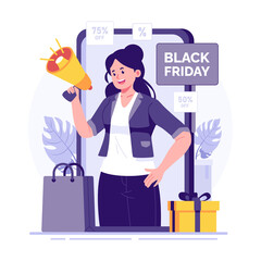 Woman Announcing Black Friday Sale with Megaphone and Shopping Bags in Transparent Background