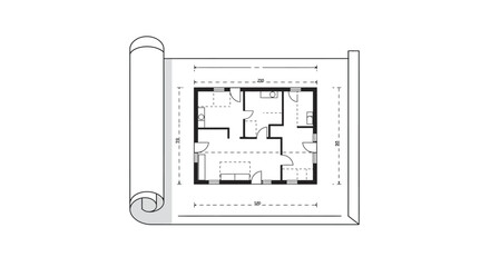 Architectural floor plan blueprint roll drawing for modern house design construction blueprint plans and schematics blueprint architectural drawing concept isolated on white background
