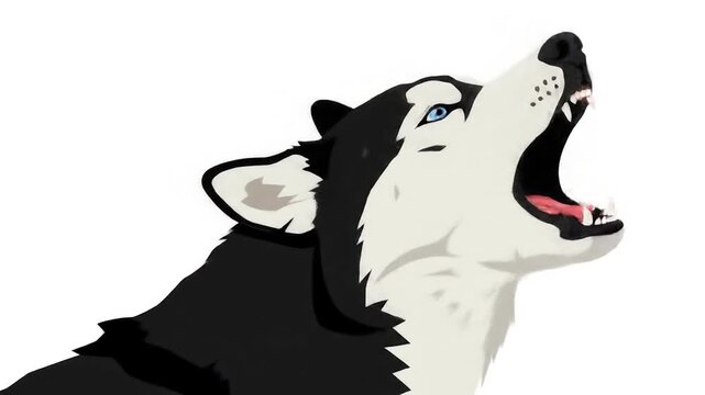 A stylized illustration of a black and white husky dog howling