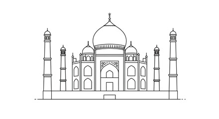 Outline drawing of the taj mahal a famous mausoleum and unesco world heritage site in agra india an architectural marvel captured in simple black and white lines isolated on white background