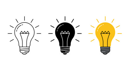 Set of three classic light bulb icons in outline sketch filled black and glowing yellow symbolizing ideas innovation and creativity on isolated on white background