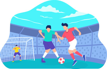 Football Players in Action on Stadium Field Flat Vector Illustration with Pixelated Goal and Cloudy Sky Transparent Background