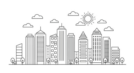 Fototapeta premium Urban skyline silhouette with modern skyscrapers trees and clouds minimalist line art cityscape for graphic design projects isolated on white background
