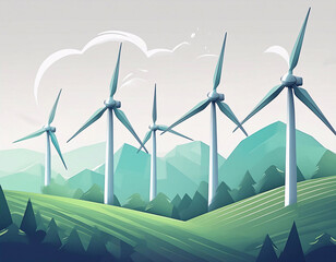 illustration of environmentally friendly wind turbines in green fields with mountains in background