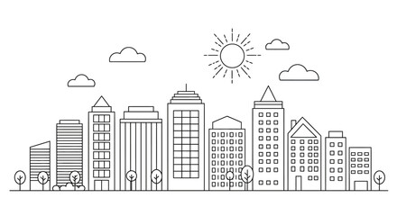 Obraz premium Modern cityscape silhouette black and white line art buildings and skyscrapers under a bright sunny sky with clouds isolated on white background