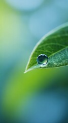 Blurred macro background of water droplet on green leaf, soft natural daylight, fresh and clean feeling, dreamy blur, minimal bright composition with wide blank copy space for text overlay.