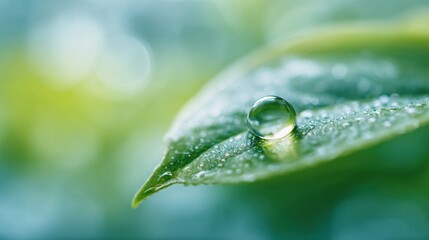Blurred macro background of water droplet on green leaf, soft natural daylight, fresh and clean feeling, dreamy blur, minimal bright composition with wide blank copy space for text overlay.