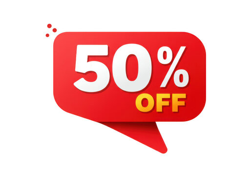 Bright red 50 percent off sale discount tag with white text announcement isolated on transparent background