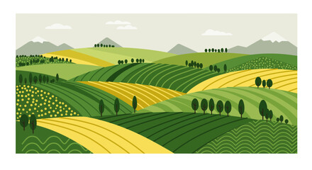 Vibrant rolling farmland landscape with cultivated fields under a gentle sky rural scenery agricultural beauty isolated on white background © Thysl2000