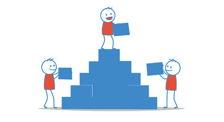 Three cartoon people collaboratively building a pyramid structure with blue blocks symbolizing teamwork and construction achievement success isolated on white background