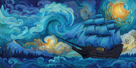 Whimsical sailboat navigates a surreal, starlit night sky with swirling clouds and a crescent moon, evoking dreams and adventure