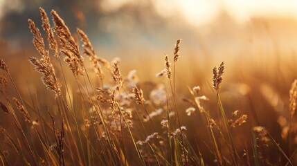 Blurred meadow with tall golden grass and wildflowers, glowing sunlight reflections, warm and dreamy atmosphere, natural soft bokeh blur, minimal composition with wide blank copy space for text.
