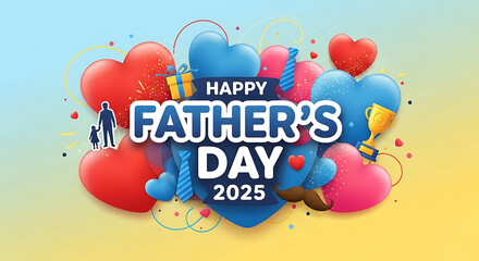 Colorful Father's Day 2025 Celebration with Hearts Trophies and Gifts on Bright Background