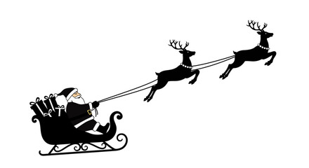 Silhouette of santa claus in a sleigh pulled by reindeer flying through the night sky festive christmas transportation celebration isolated on white background