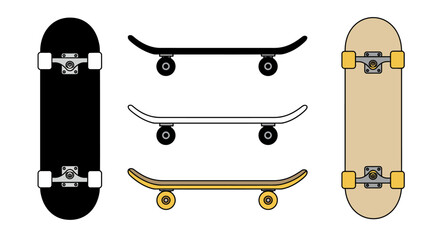 Set of skateboards in various styles and colors top view and side view isolated on for extreme sports and urban culture isolated on white background © Thysl2000