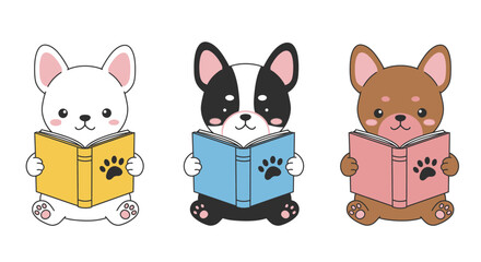 Fototapeta premium Adorable french bulldog puppies and chihuahua engaged in reading books adorable canine companionship and intellectual pursuits depicted in delightful whimsical art isolated on white background