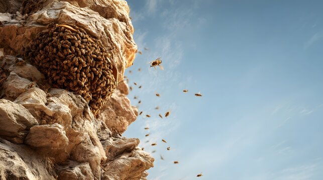 A captivating visual showcases a swarm of busy insects flying around a rock formation, with a large insect colony residing on the rock surface under a vibrant blue sky, highlighting natural ecosystem