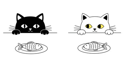 Two adorable kittens peeking over a line with plates of fish below symbolizing playful curiosity and food anticipation for cute pet content isolated on white background