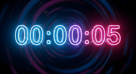 Digital countdown timer showing five seconds with neon style effects