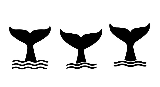 Majestic humpback whale tail flukes emerging from wavy ocean waters stylized silhouette icons for nautical or marine themed designs isolated on white background