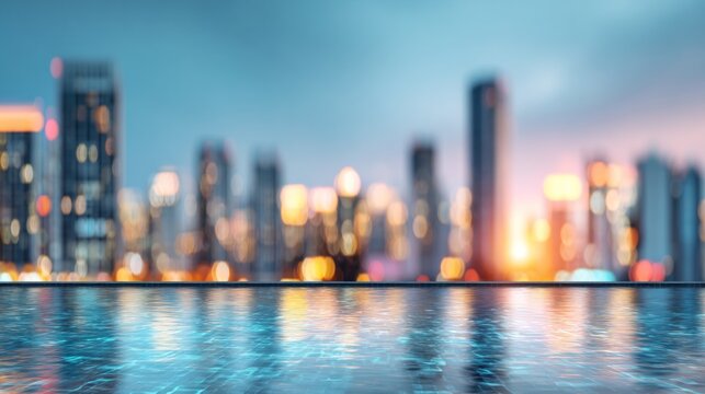 Blurred modern city skyline background, futuristic skyscrapers, rooftop pool in soft focus, neon lights glowing, dreamy urban blur effect, wide blank copy space for text overlay, stylish travel.