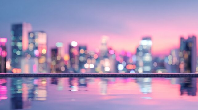Blurred modern city skyline background, futuristic skyscrapers, rooftop pool in soft focus, neon lights glowing, dreamy urban blur effect, wide blank copy space for text overlay, stylish travel. - Powered by Adobe