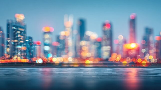 Blurred modern city skyline background, futuristic skyscrapers, rooftop pool in soft focus, neon lights glowing, dreamy urban blur effect, wide blank copy space for text overlay, stylish travel. - Powered by Adobe